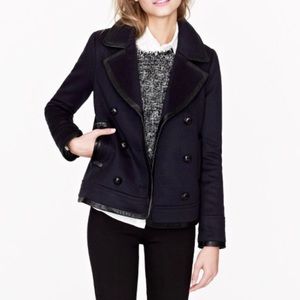 J CREW COLLECTION Leather Trim Wool Pea Coat